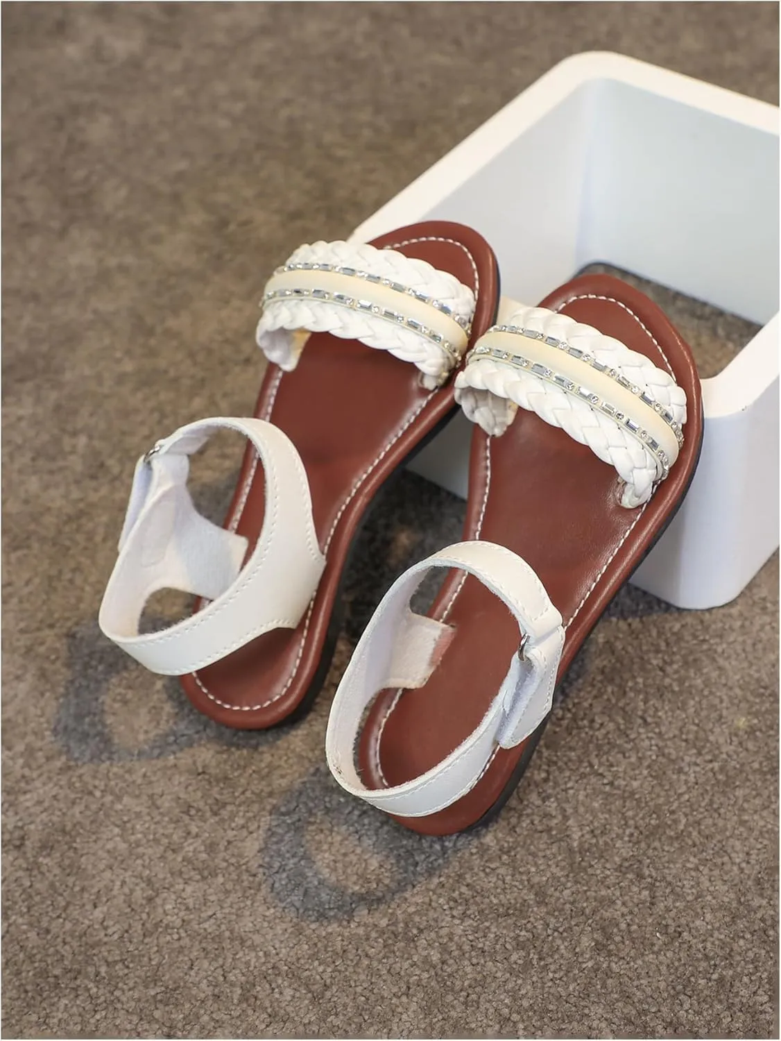 Verdusa Girl's Braided Rhinestone Dressy Sandals Open Toe Ankle Strap Flat Sandals