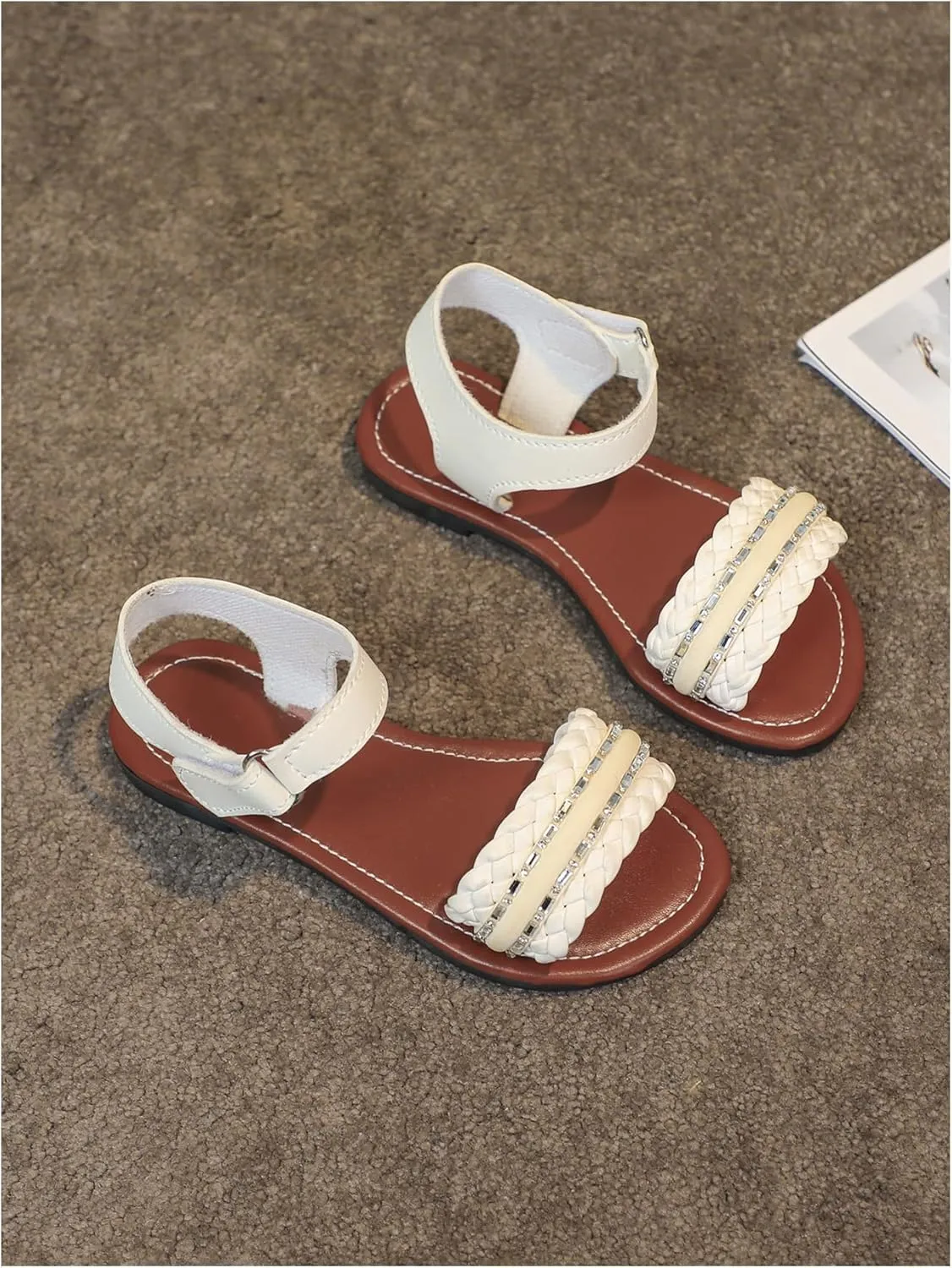Verdusa Girl's Braided Rhinestone Dressy Sandals Open Toe Ankle Strap Flat Sandals