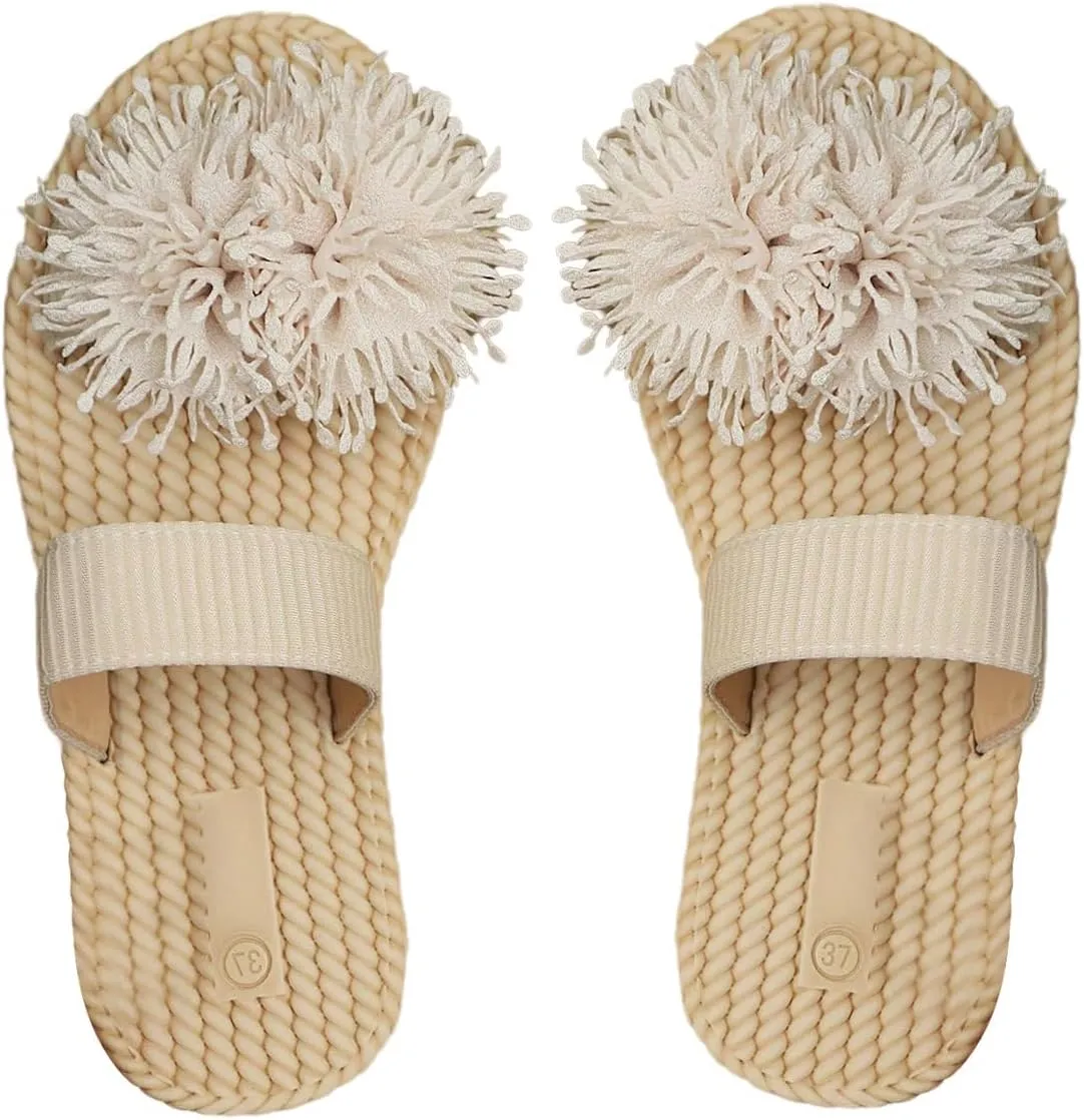 Verdusa Women's 3D Floral Straw Double Strap Flat Sandals Braided Open Toe Summer Slippers