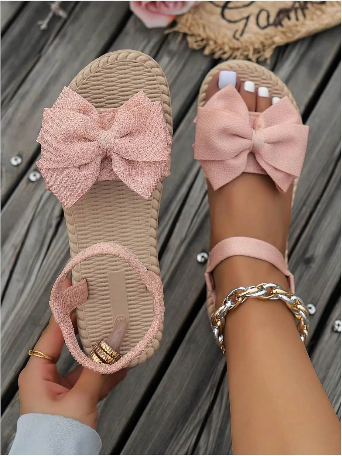 Verdusa Women's Bow Knot Flat Sandals Open Toe Ankle Strap Vacation Sandals