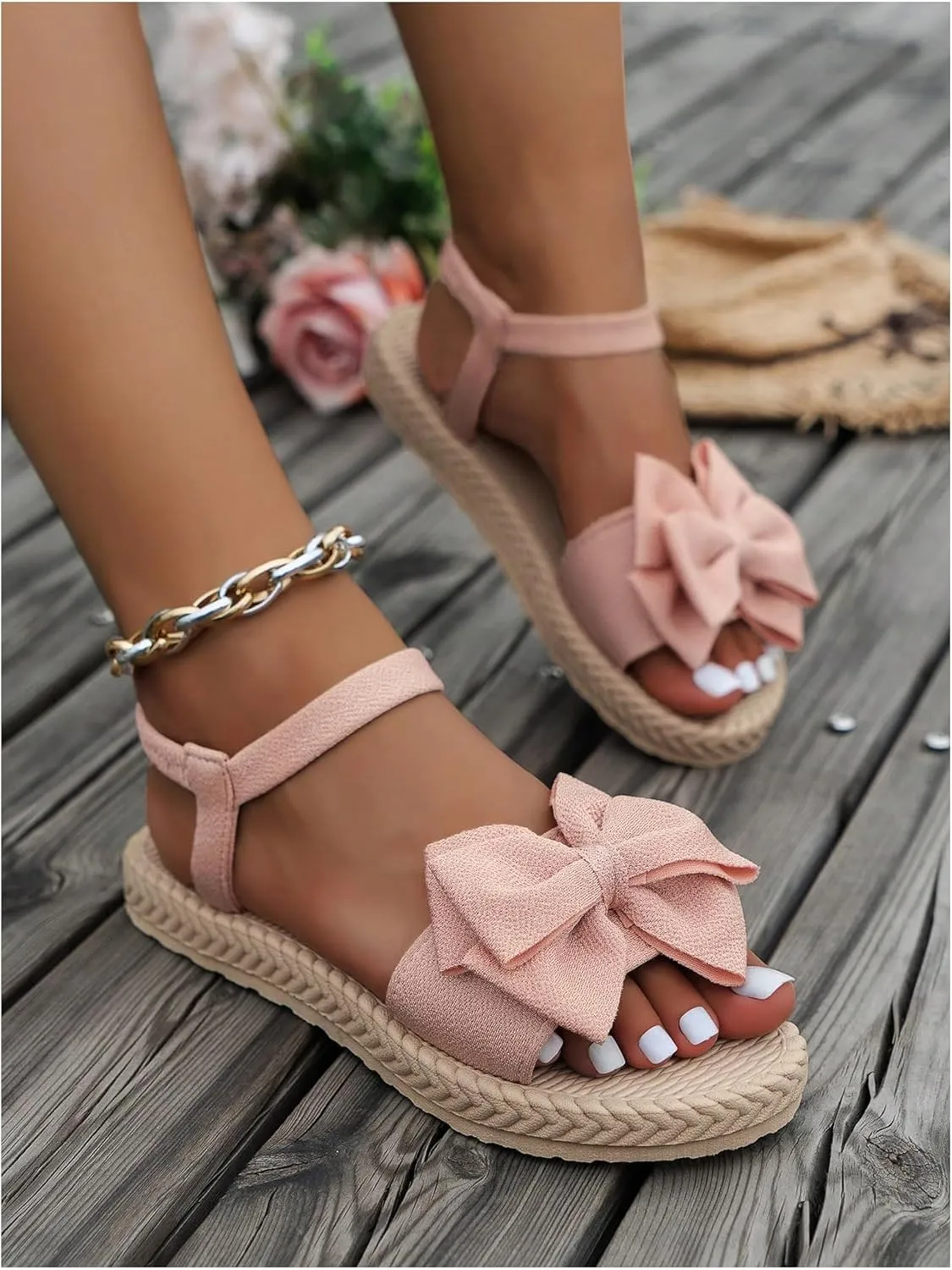 Verdusa Women's Bow Knot Flat Sandals Open Toe Ankle Strap Vacation Sandals
