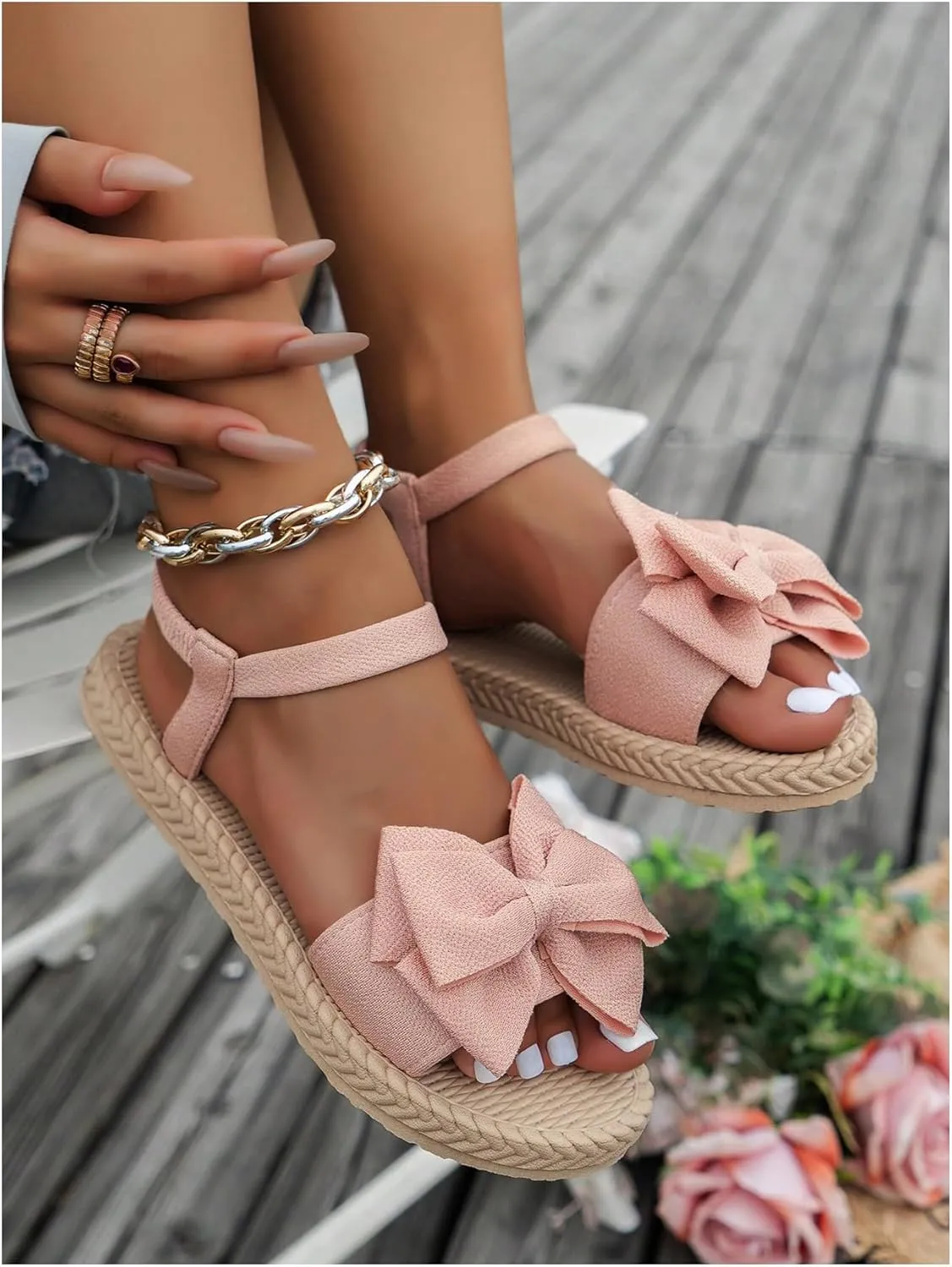 Verdusa Women's Bow Knot Flat Sandals Open Toe Ankle Strap Vacation Sandals