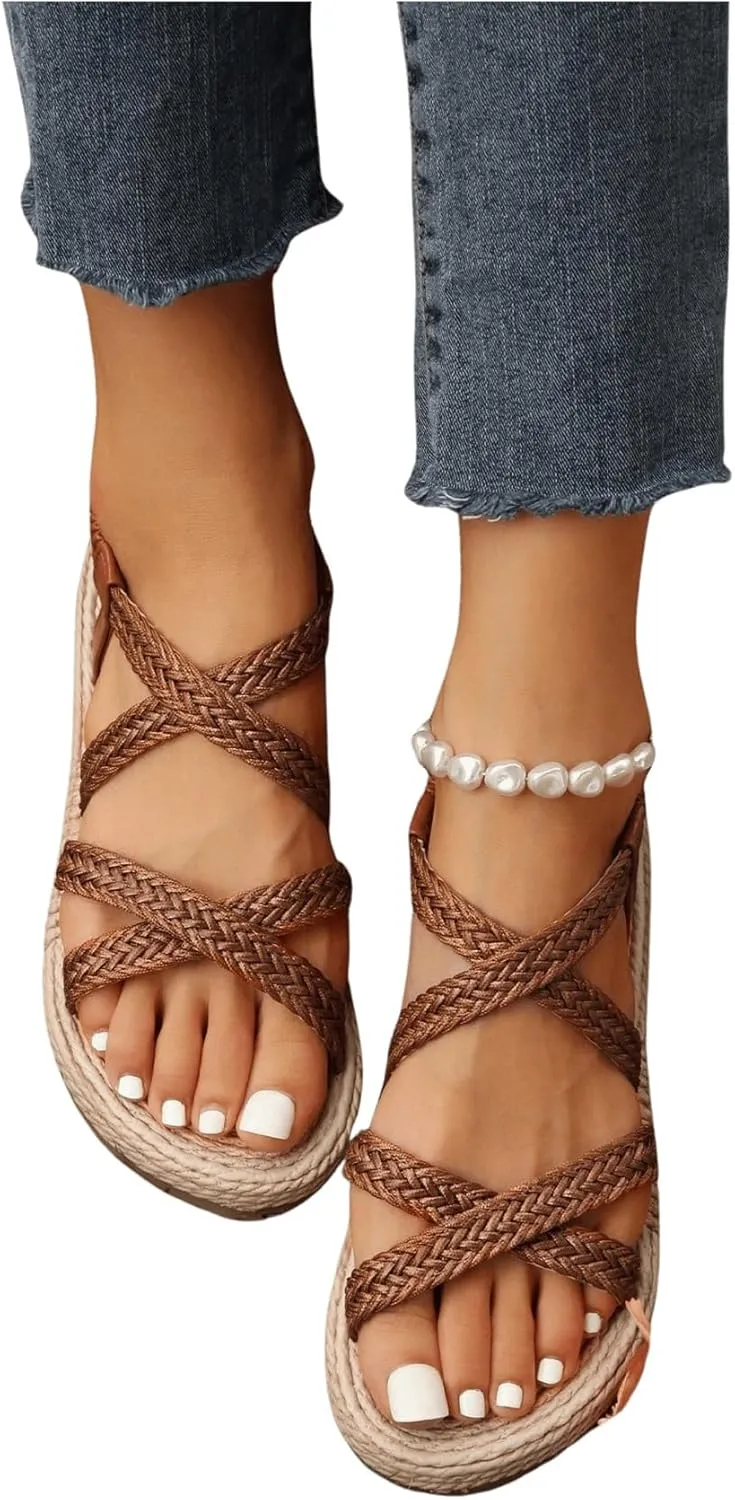 Verdusa Women's Casual Cross Woven Sandals Vacation Summer Beach Flat Sandals Shoes