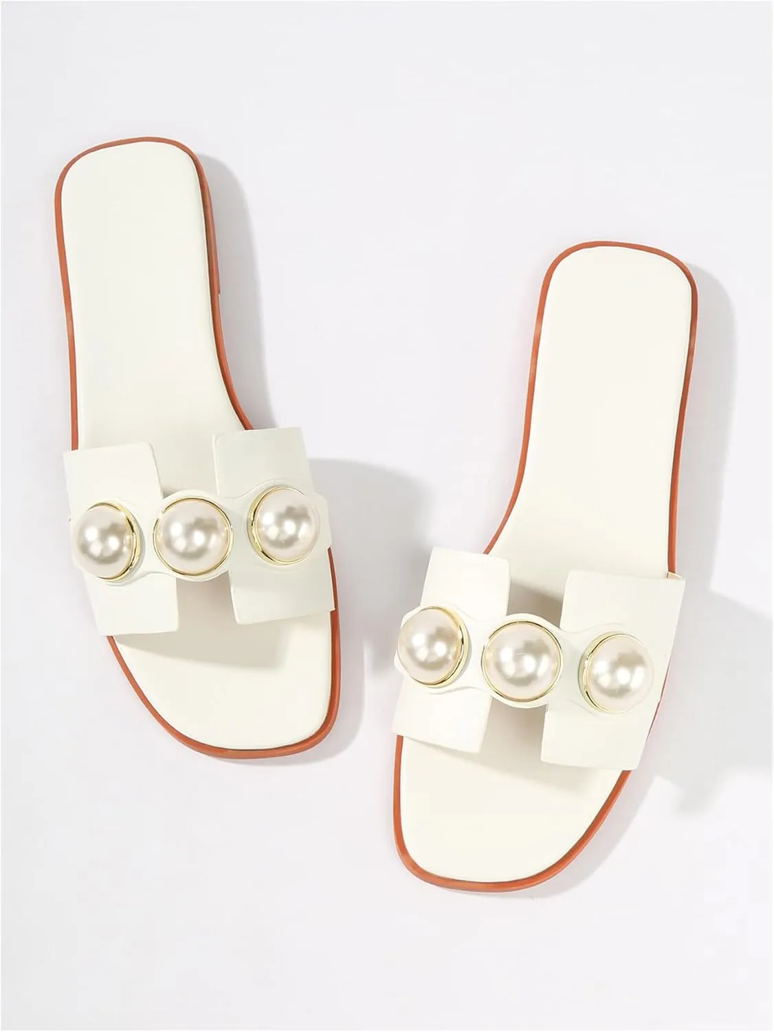 Verdusa Women's Flat Sandals Pearl Sandals Square Toe Summer Slip On Flat Shoes