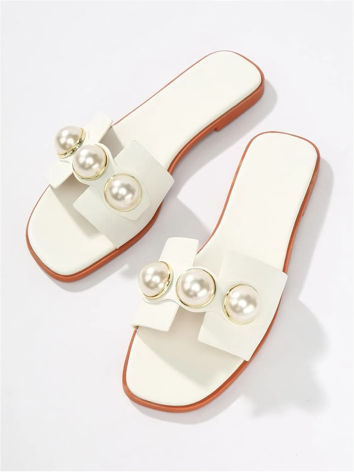 Verdusa Women's Flat Sandals Pearl Sandals Square Toe Summer Slip On Flat Shoes
