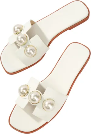Verdusa Women's Flat Sandals Pearl Sandals Square Toe Summer Slip On Flat Shoes