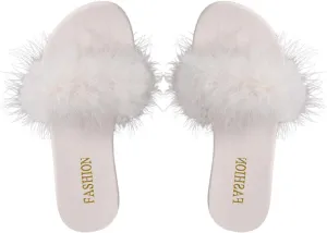 Verdusa Women's Fuzzy Furry Dressy Sandals Open Toe Flat Slip on Slippers