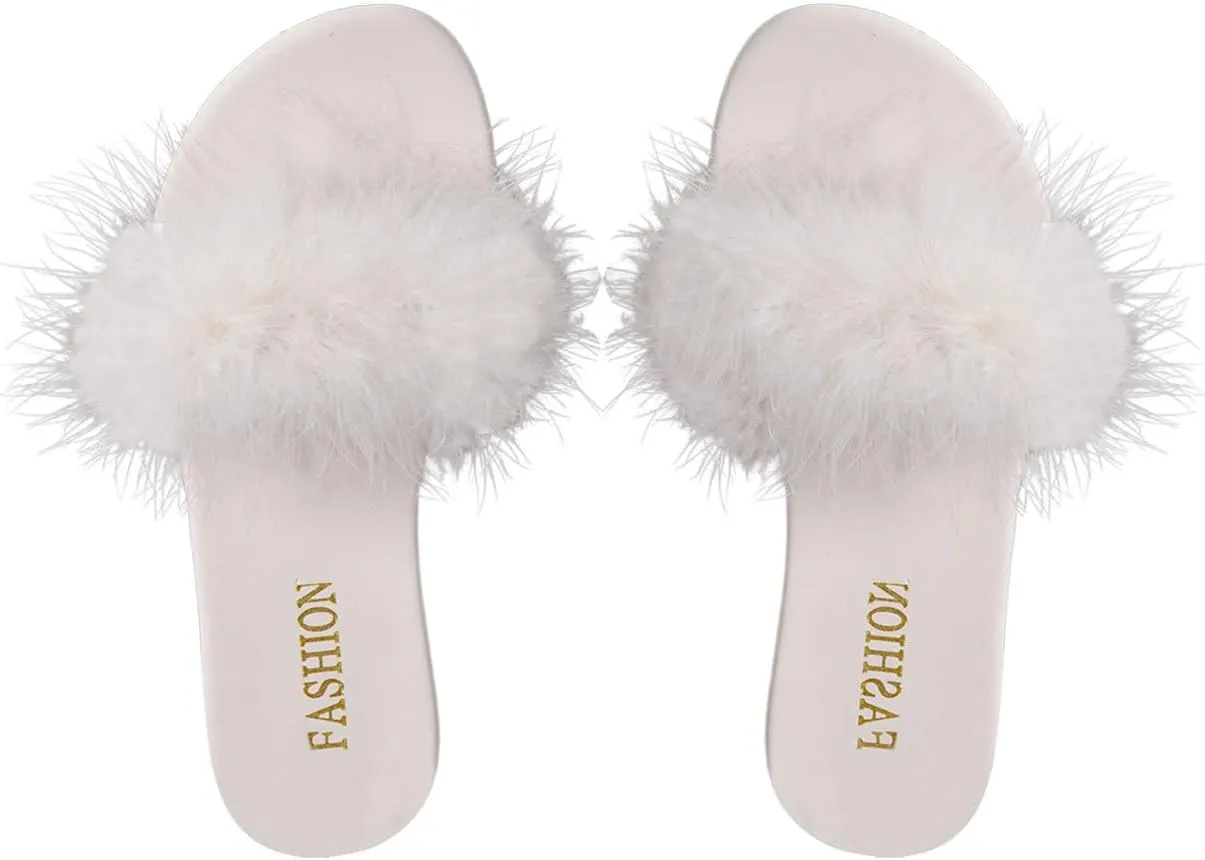 Verdusa Women's Fuzzy Furry Dressy Sandals Open Toe Flat Slip on Slippers