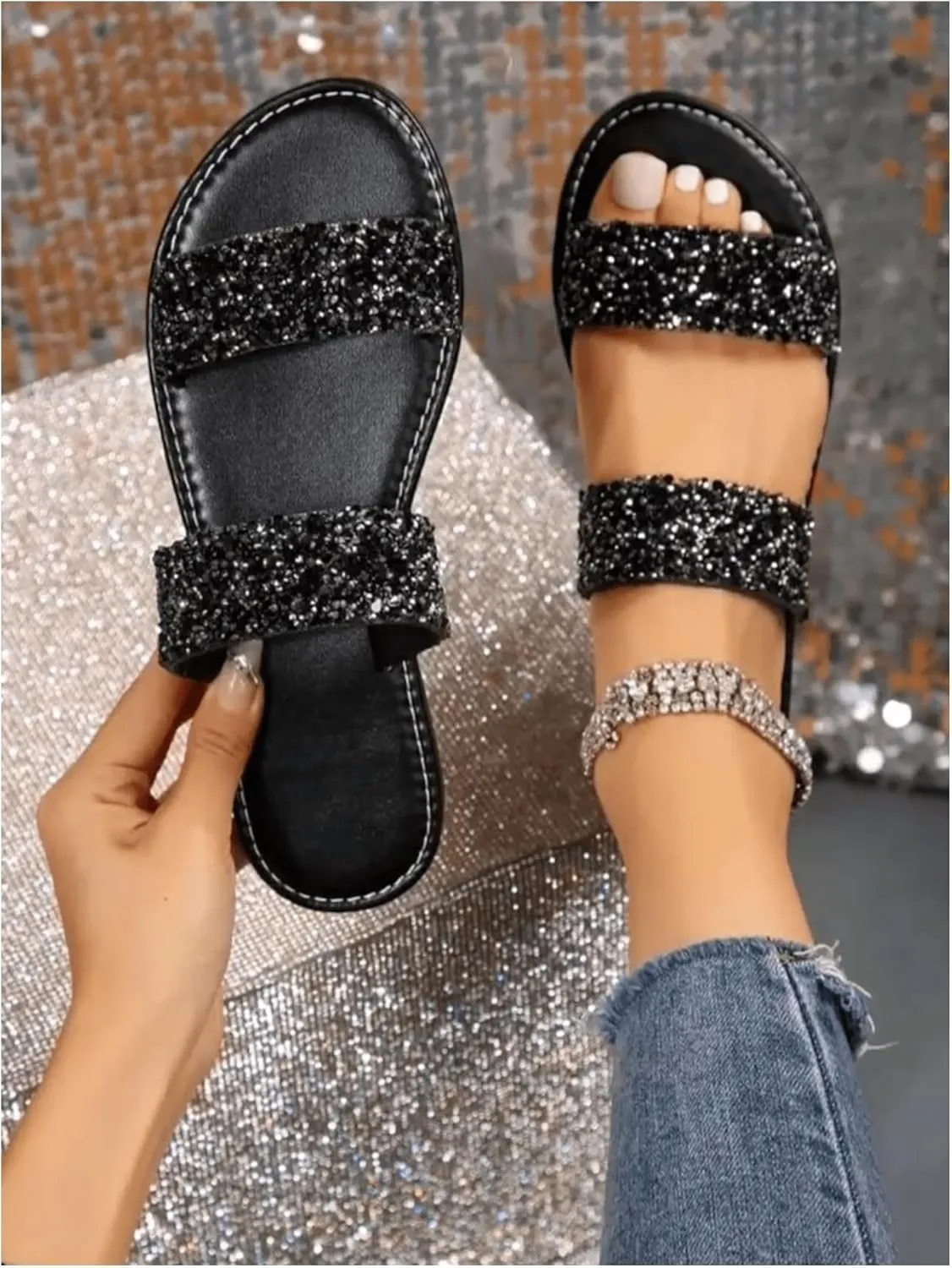 Verdusa Women's Glitter Rhinestone Flat Sandals Open Toe Double Strap Summer Slip on Slides