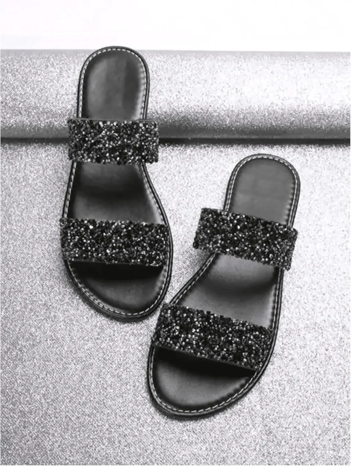 Verdusa Women's Glitter Rhinestone Flat Sandals Open Toe Double Strap Summer Slip on Slides