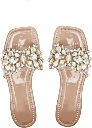 Verdusa Women's Rhinestone Clear Flat Sandals Square Toe Slides Sparkle Transparent Sandals