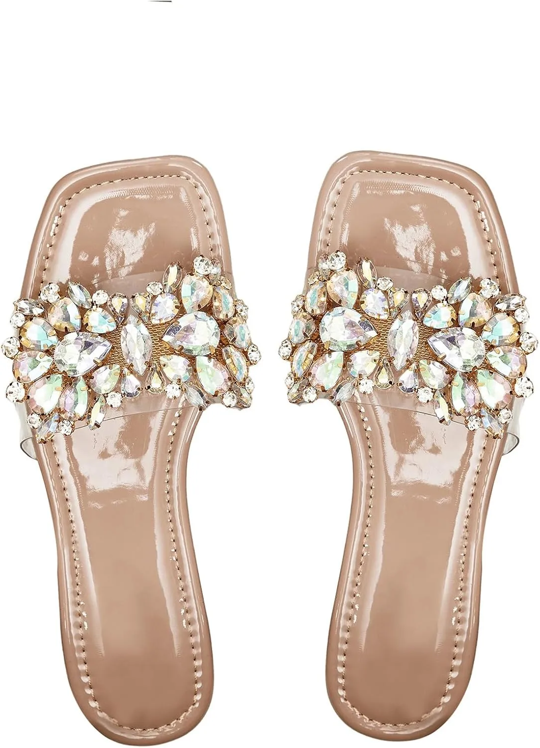 Verdusa Women's Rhinestone Clear Flat Sandals Square Toe Slides Sparkle Transparent Sandals