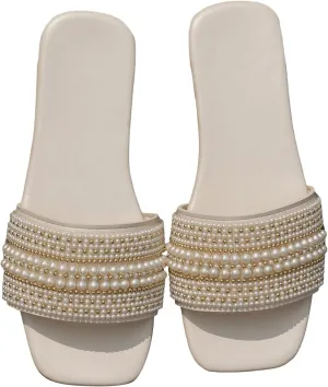 Verdusa Women's Square Open Toe Pearls Flat Sandals Slip On Slides Summer Sandals