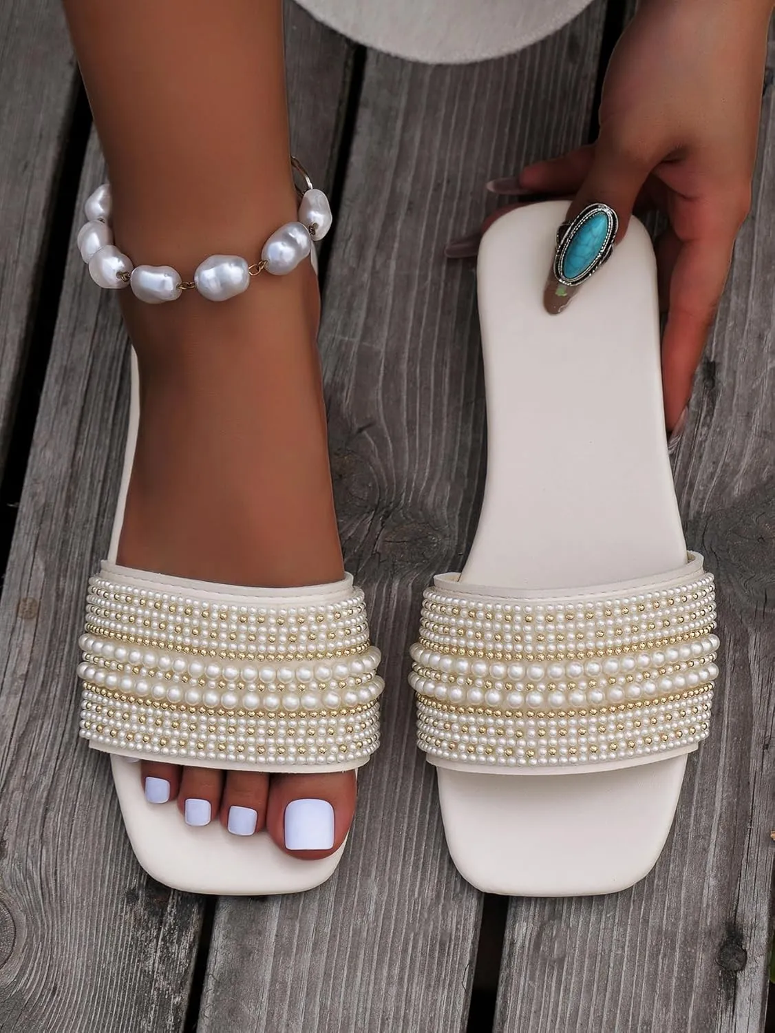 Verdusa Women's Square Open Toe Pearls Flat Sandals Slip On Slides Summer Sandals