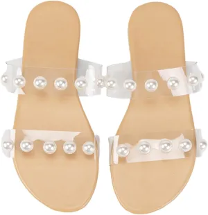 Verdusa Women's Transparent Strap Pearl Sandals Summer Slippers Open Toe Flat Slides Sandals