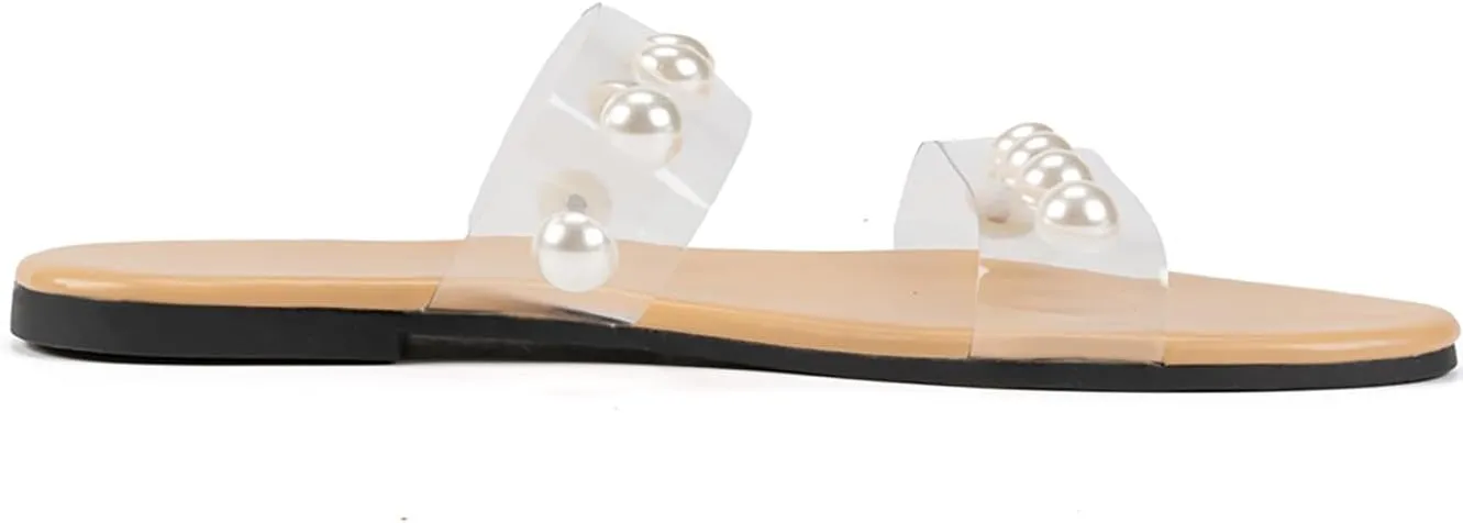 Verdusa Women's Transparent Strap Pearl Sandals Summer Slippers Open Toe Flat Slides Sandals