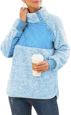 VIISHOW Women's Long Sleeves Quilt Coat Turtleneck Oblique Button Neck Fleece Pullover Coat Sweatshirts Outwear with Pocket