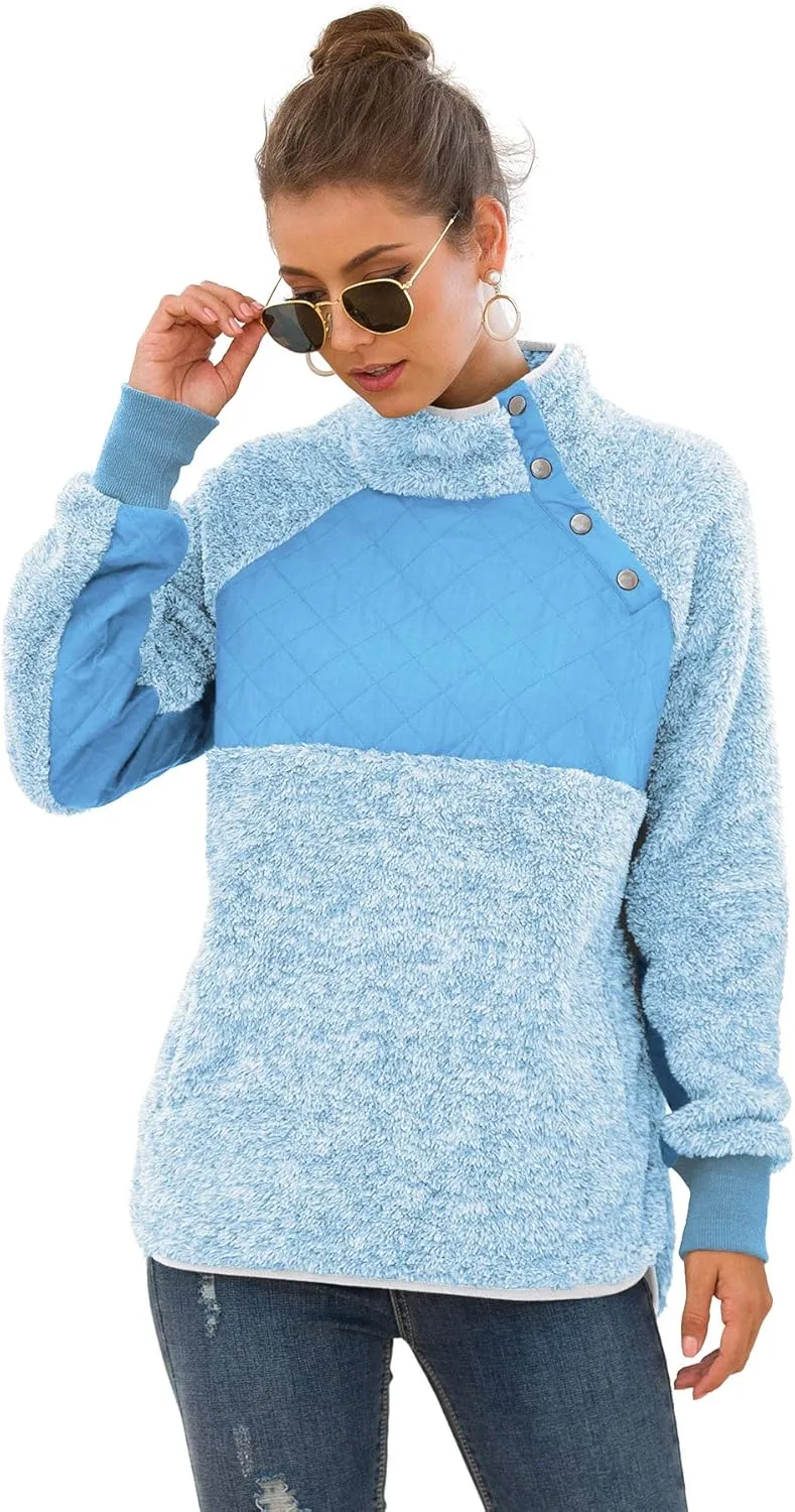 VIISHOW Women's Long Sleeves Quilt Coat Turtleneck Oblique Button Neck Fleece Pullover Coat Sweatshirts Outwear with Pocket