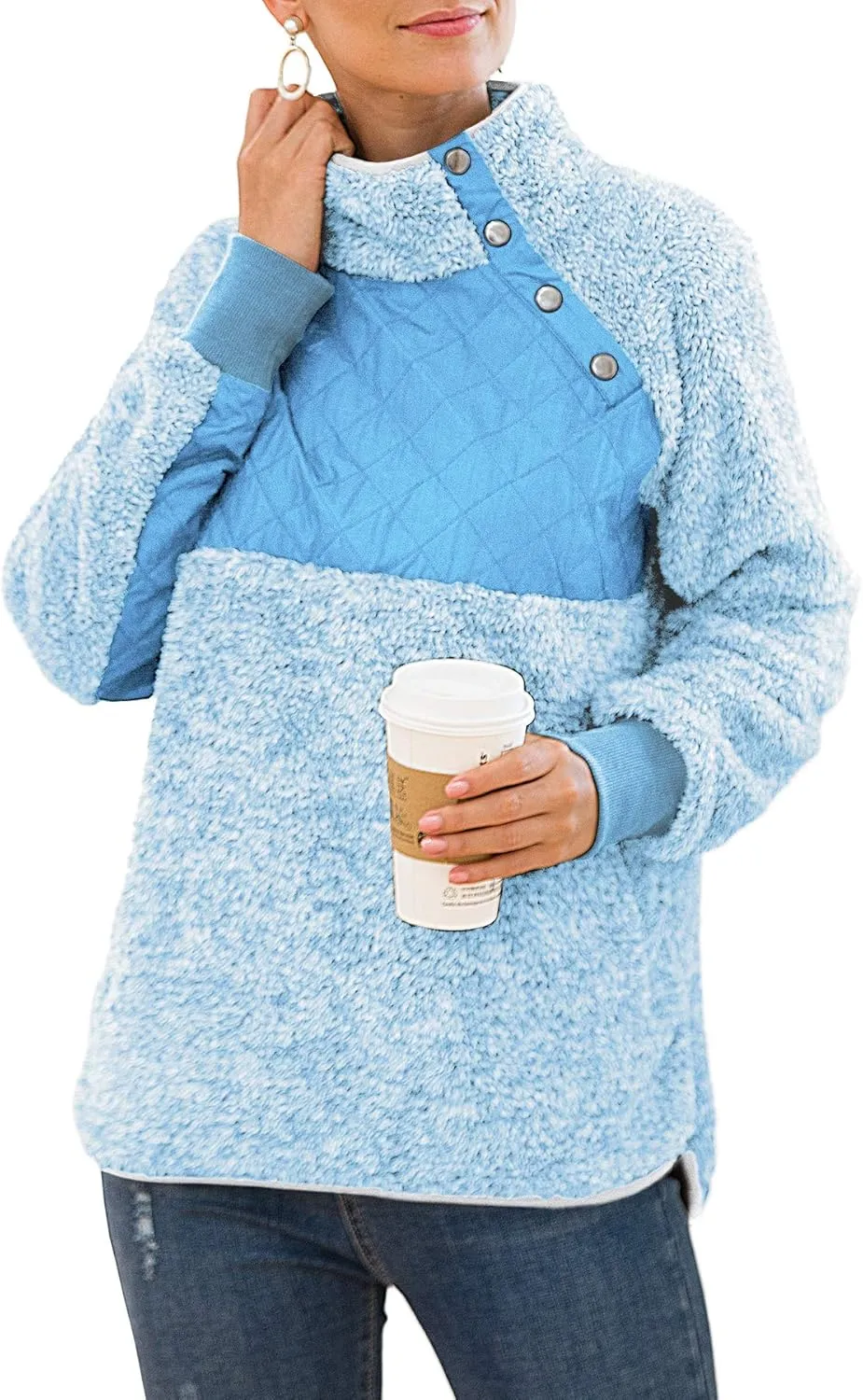 VIISHOW Women's Long Sleeves Quilt Coat Turtleneck Oblique Button Neck Fleece Pullover Coat Sweatshirts Outwear with Pocket