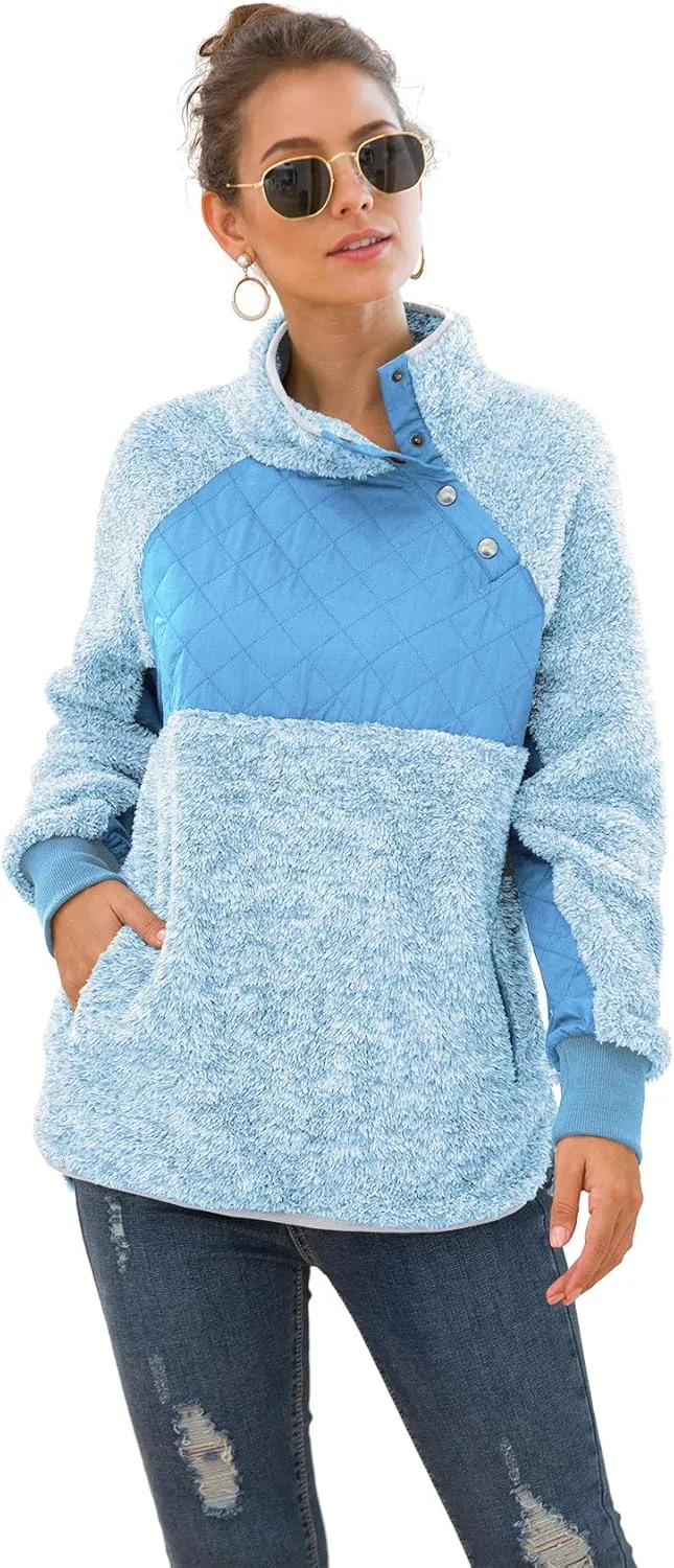 VIISHOW Women's Long Sleeves Quilt Coat Turtleneck Oblique Button Neck Fleece Pullover Coat Sweatshirts Outwear with Pocket