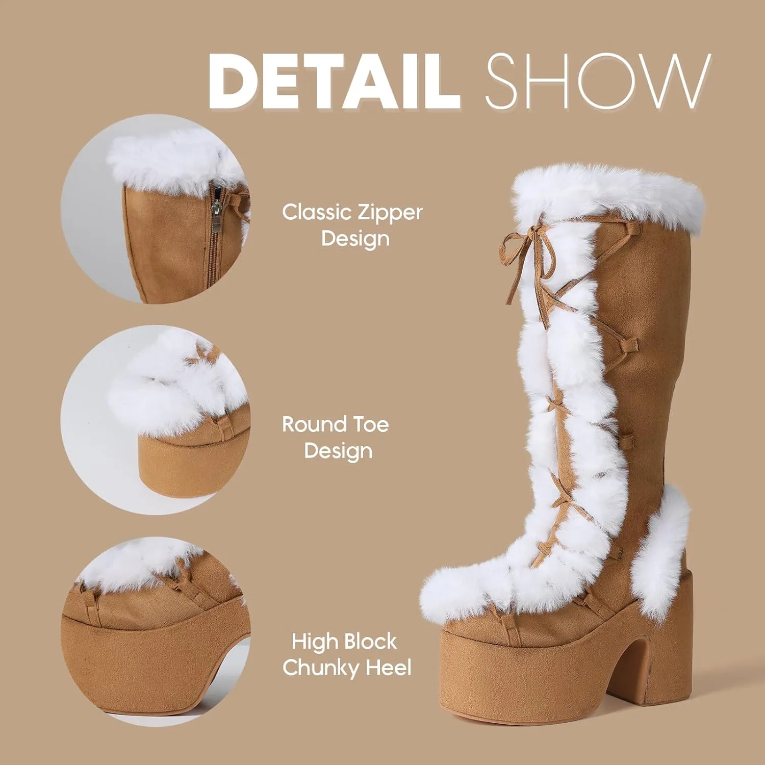 VIMISAOI Womens Mid Calf Boots, Lace Up Zip Block Chunky High Heel Punk Goth Warm Fur Winter Snow Platform Boots