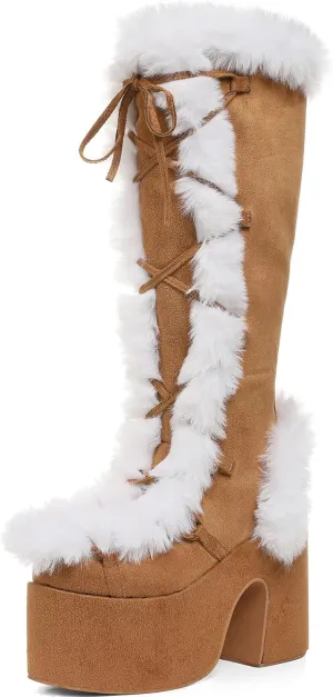 VIMISAOI Womens Mid Calf Boots, Lace Up Zip Block Chunky High Heel Punk Goth Warm Fur Winter Snow Platform Boots