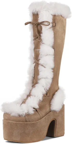 VIMISAOI Womens Mid Calf Boots, Lace Up Zip Block Chunky High Heel Punk Goth Warm Fur Winter Snow Platform Boots