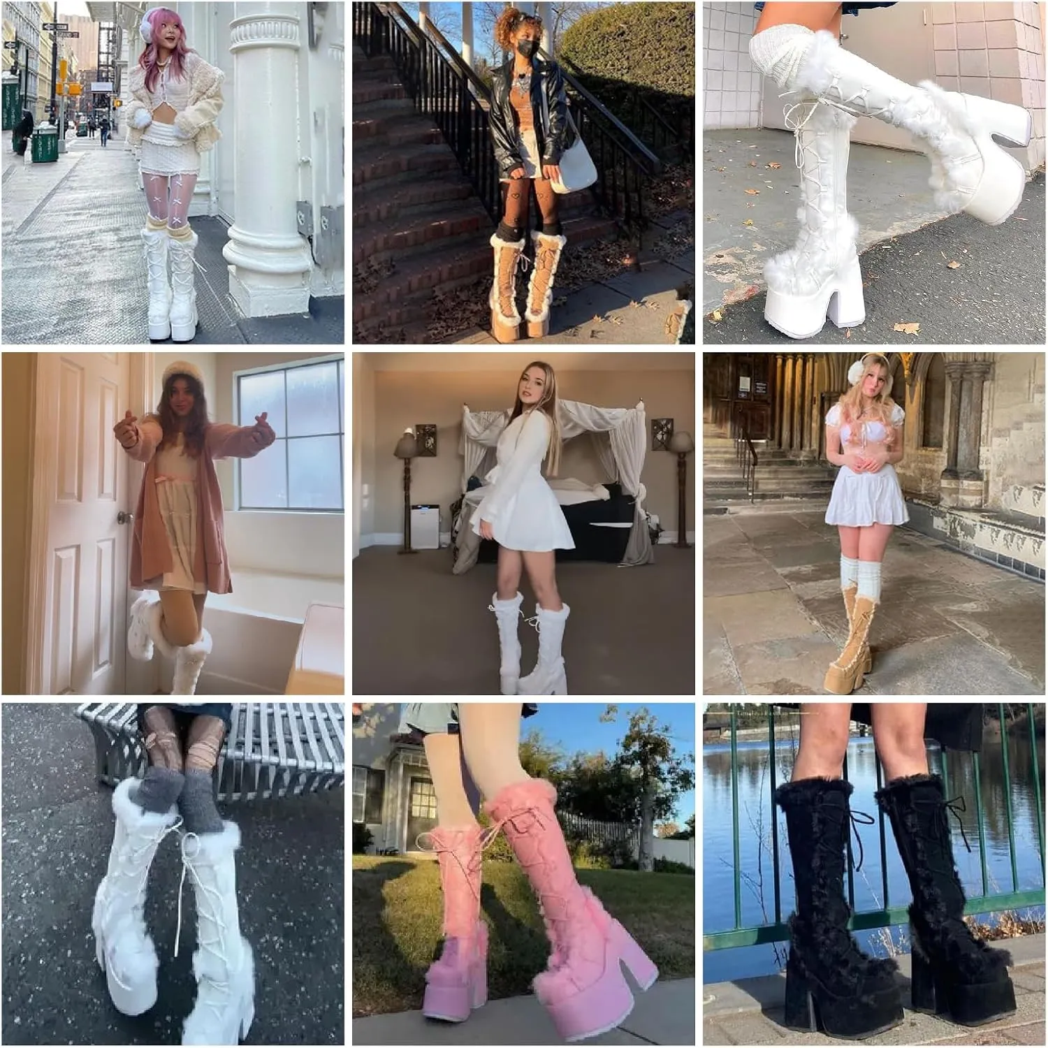 VIMISAOI Womens Mid Calf Boots, Lace Up Zip Block Chunky High Heel Punk Goth Warm Fur Winter Snow Platform Boots