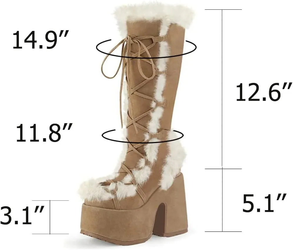 VIMISAOI Womens Mid Calf Boots, Lace Up Zip Block Chunky High Heel Punk Goth Warm Fur Winter Snow Platform Boots