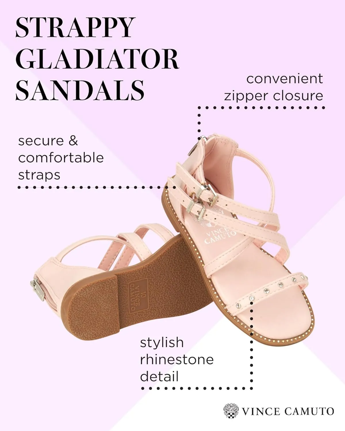 Vince Camuto Girls' Sandals - Open Toe Summer Shoes Flat Strappy Gladiator Sandals with Back Zipper and Adjustable Buckles