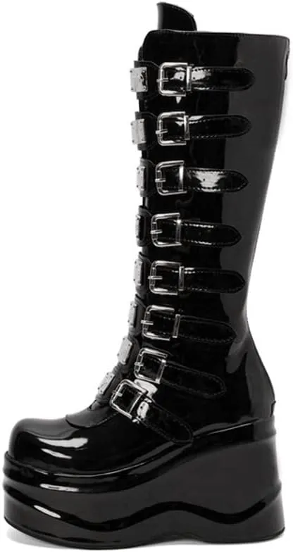 Viuluti Winter Women's Platform Knee High Boots Punk Goth Multi Buckle Square Toe Wedge Boots High Heels Cosplay Zipper Leather Mid Calf Boots