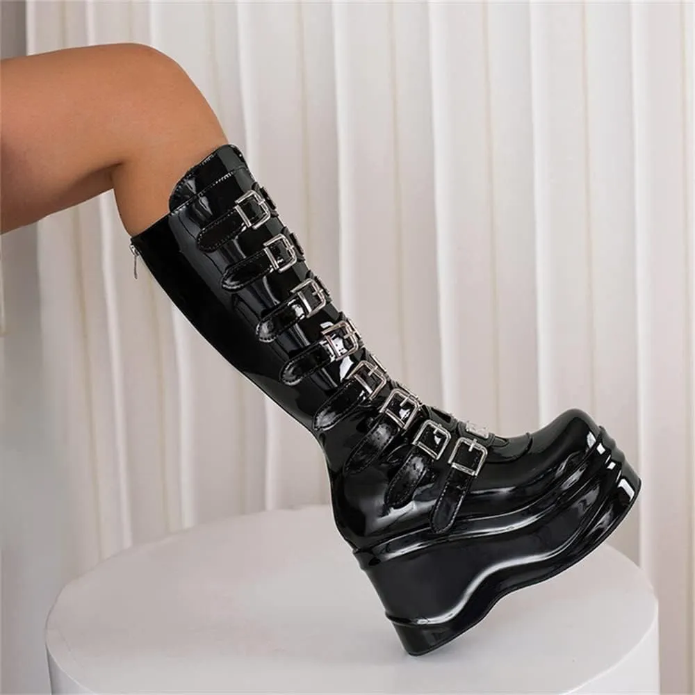 Viuluti Winter Women's Platform Knee High Boots Punk Goth Multi Buckle Square Toe Wedge Boots High Heels Cosplay Zipper Leather Mid Calf Boots