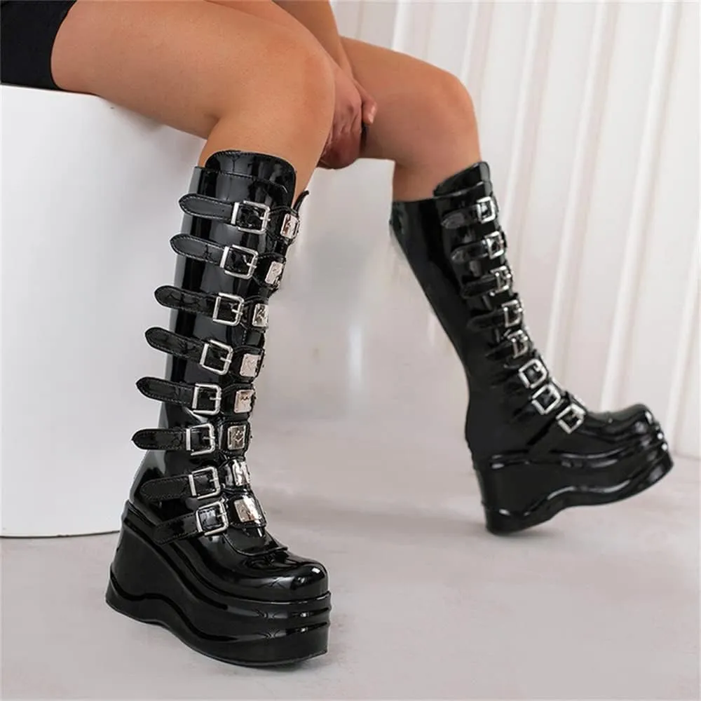 Viuluti Winter Women's Platform Knee High Boots Punk Goth Multi Buckle Square Toe Wedge Boots High Heels Cosplay Zipper Leather Mid Calf Boots