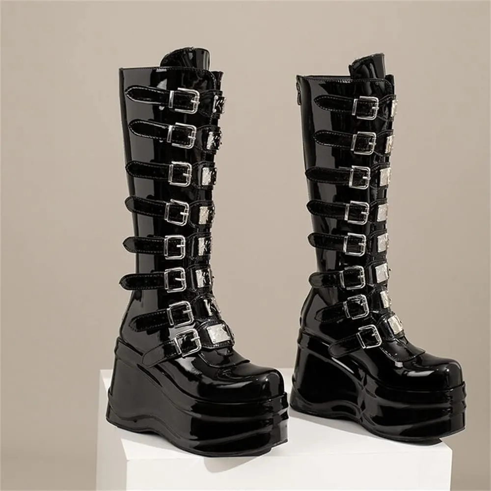 Viuluti Winter Women's Platform Knee High Boots Punk Goth Multi Buckle Square Toe Wedge Boots High Heels Cosplay Zipper Leather Mid Calf Boots