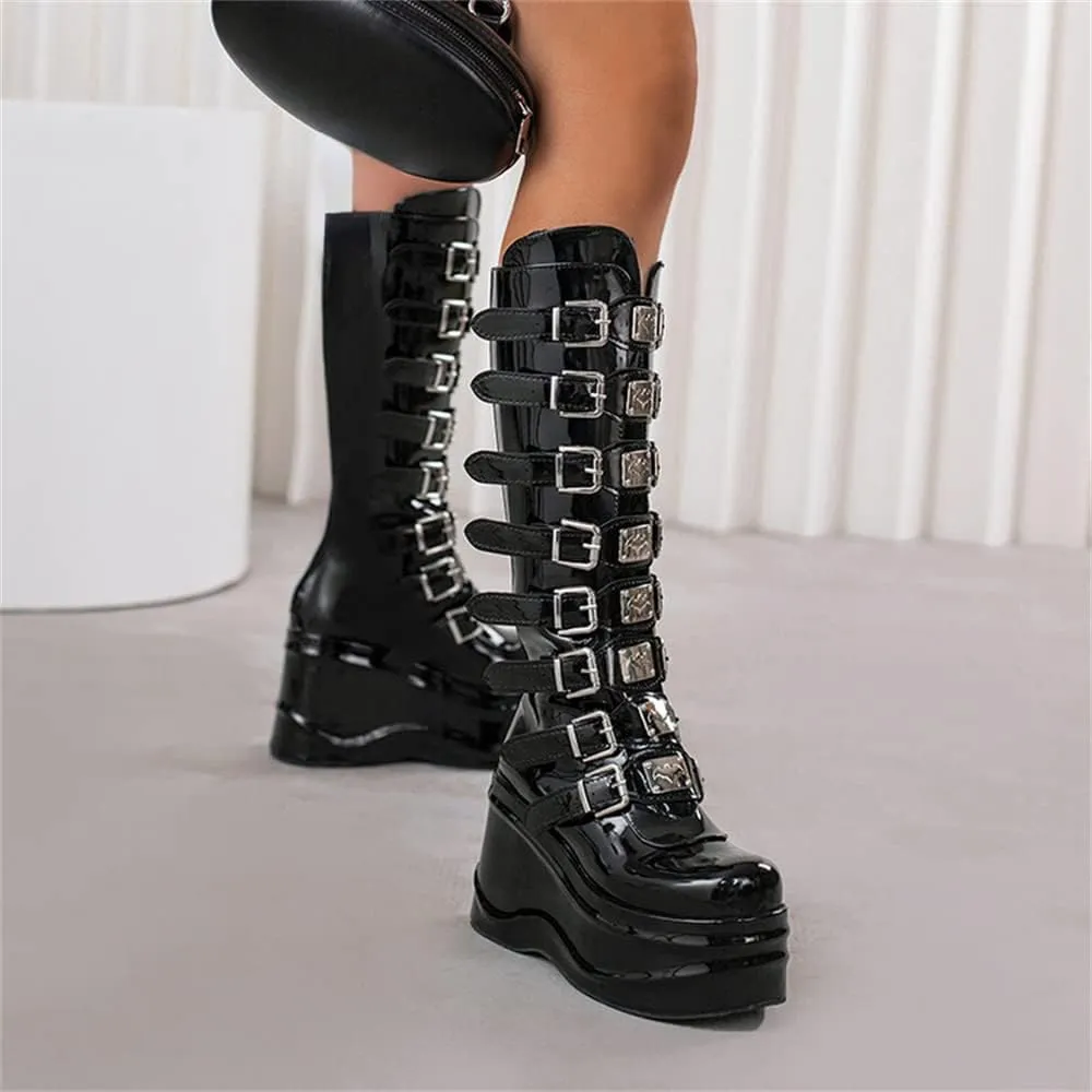 Viuluti Winter Women's Platform Knee High Boots Punk Goth Multi Buckle Square Toe Wedge Boots High Heels Cosplay Zipper Leather Mid Calf Boots