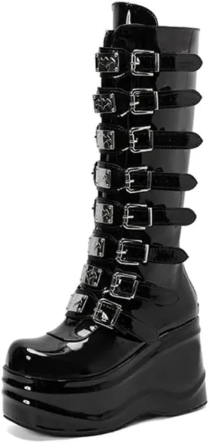 Viuluti Winter Women's Platform Knee High Boots Punk Goth Multi Buckle Square Toe Wedge Boots High Heels Cosplay Zipper Leather Mid Calf Boots