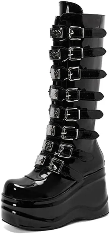 Viuluti Winter Women's Platform Knee High Boots Punk Goth Multi Buckle Square Toe Wedge Boots High Heels Cosplay Zipper Leather Mid Calf Boots