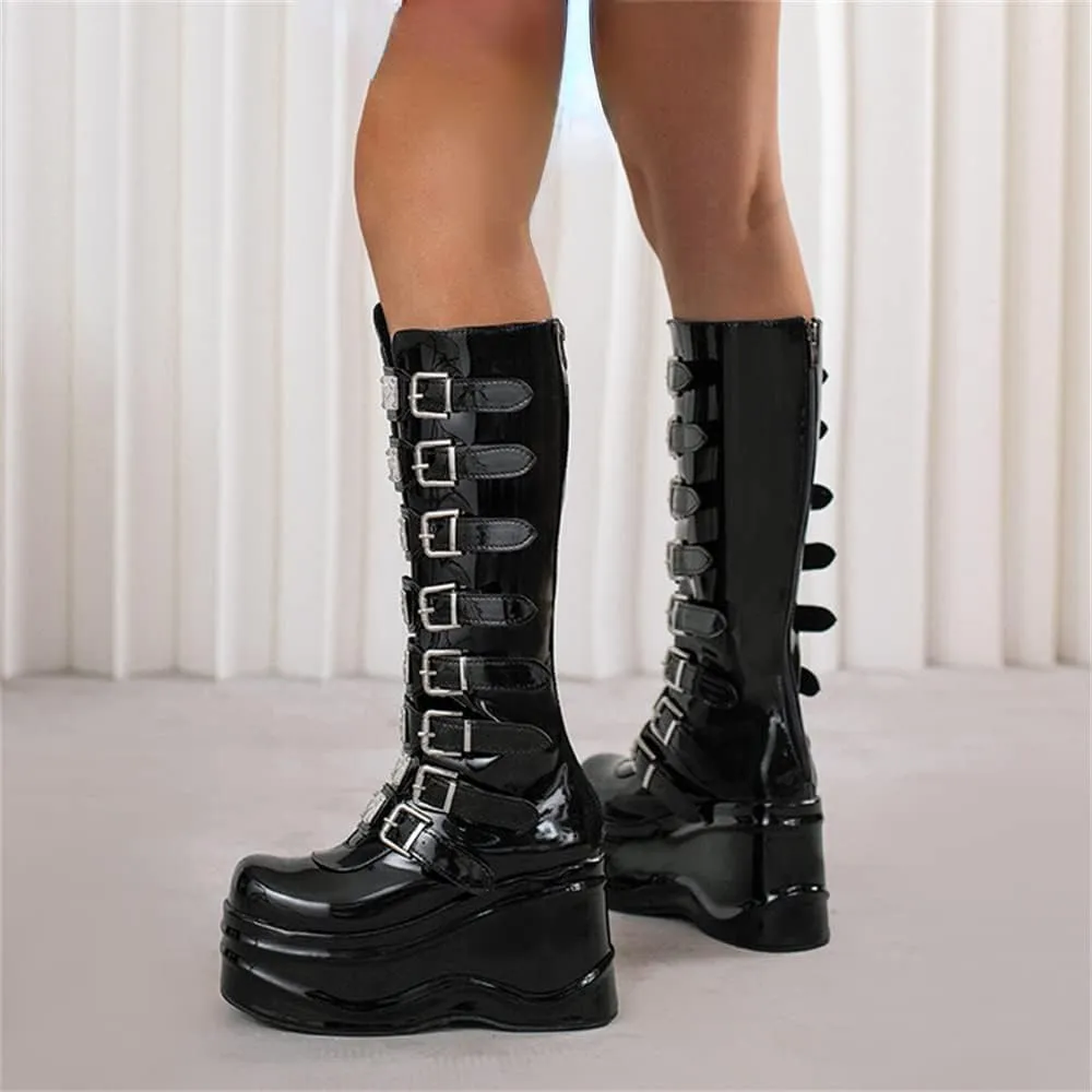 Viuluti Winter Women's Platform Knee High Boots Punk Goth Multi Buckle Square Toe Wedge Boots High Heels Cosplay Zipper Leather Mid Calf Boots