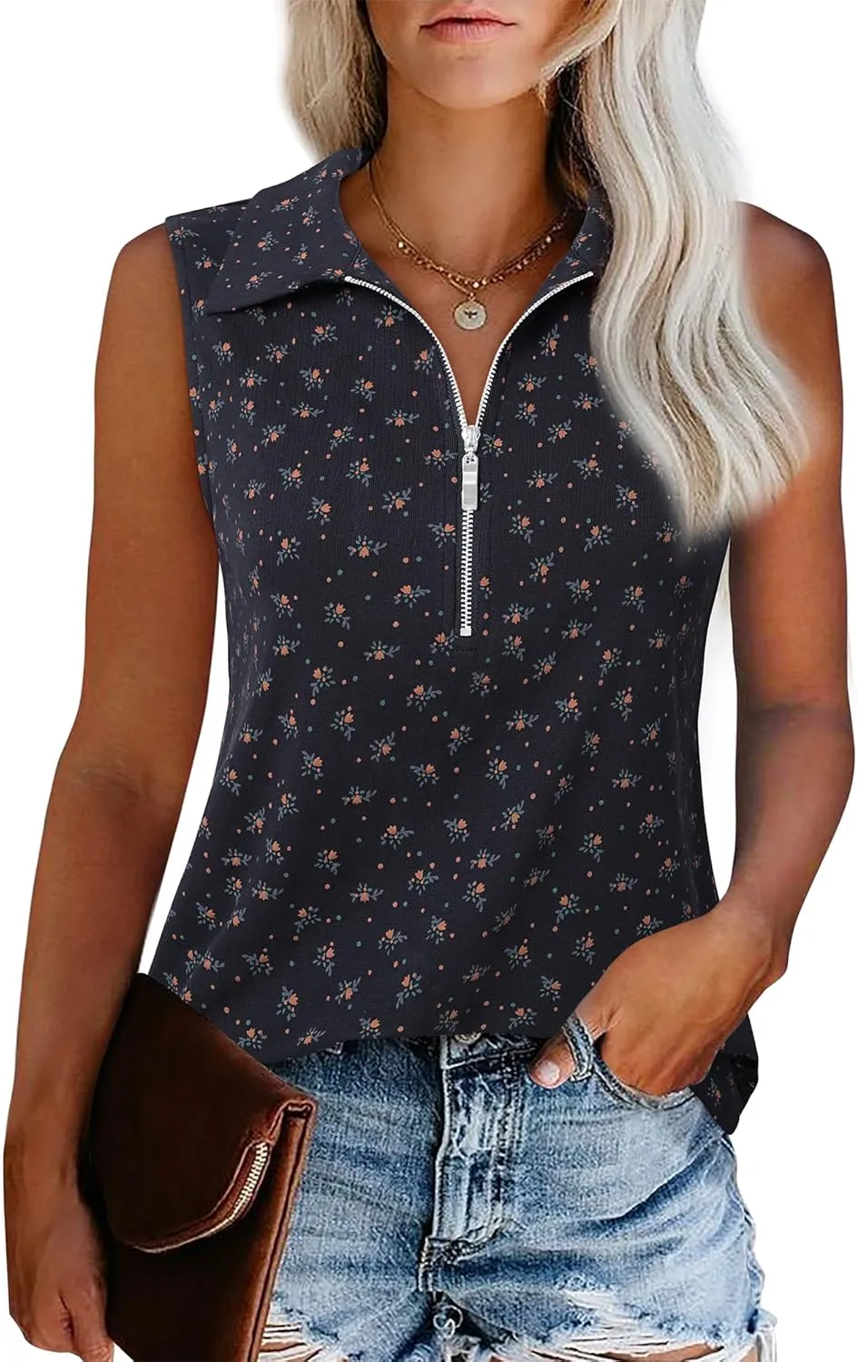 Vivilli Womens Ribbed Tank Top Zipper V Neck Dressy Casual Blouses Sleeveless Camisole Tops Work Tank Polo Shirts