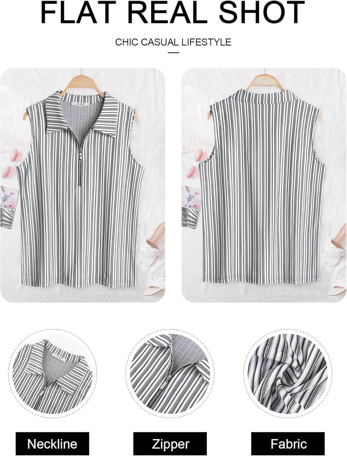 Vivilli Womens Ribbed Tank Top Zipper V Neck Dressy Casual Blouses Sleeveless Camisole Tops Work Tank Polo Shirts