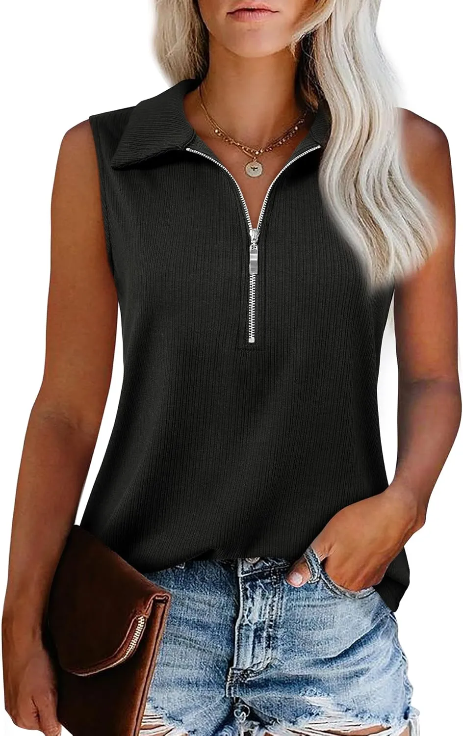 Vivilli Womens Ribbed Tank Top Zipper V Neck Dressy Casual Blouses Sleeveless Camisole Tops Work Tank Polo Shirts