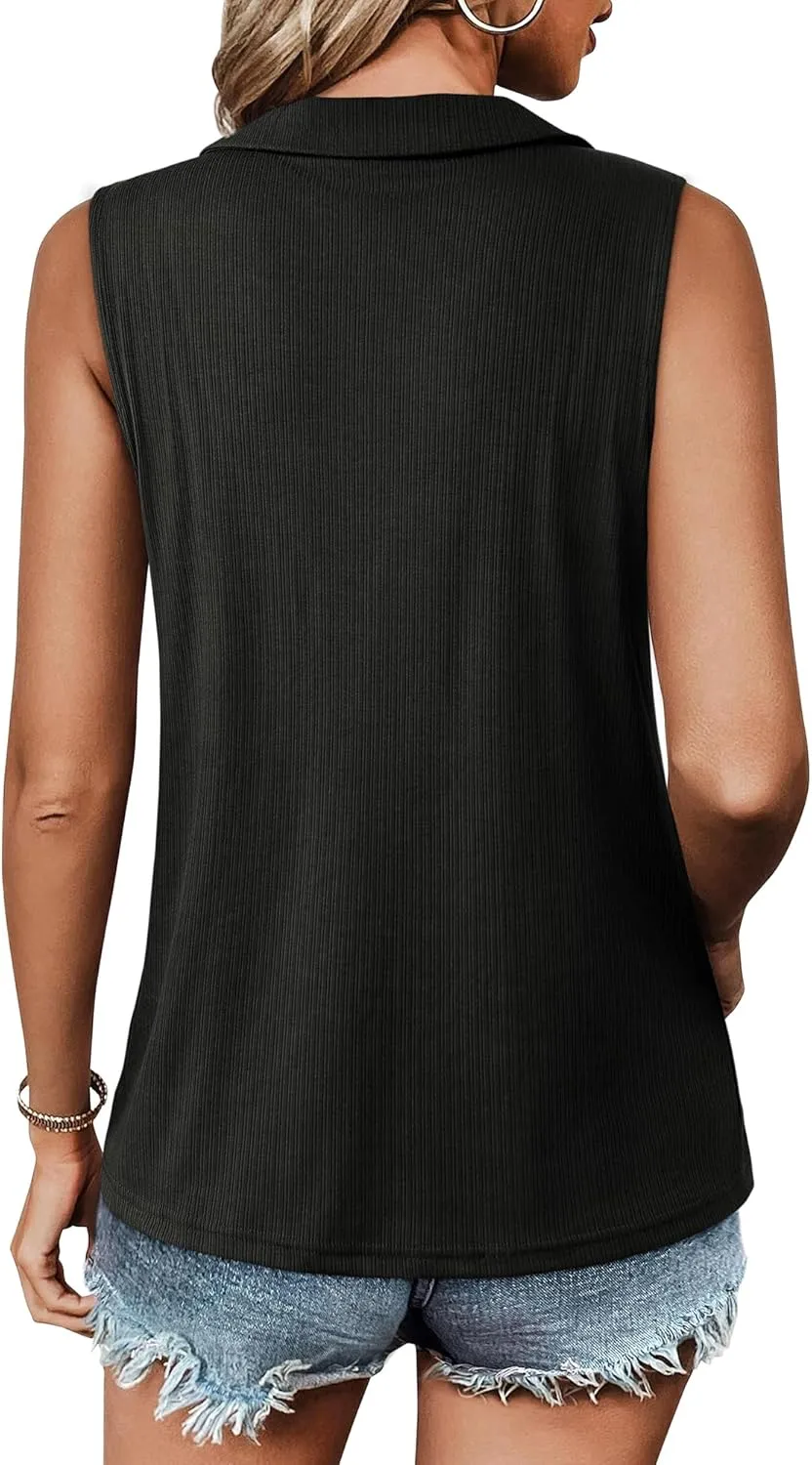 Vivilli Womens Ribbed Tank Top Zipper V Neck Dressy Casual Blouses Sleeveless Camisole Tops Work Tank Polo Shirts