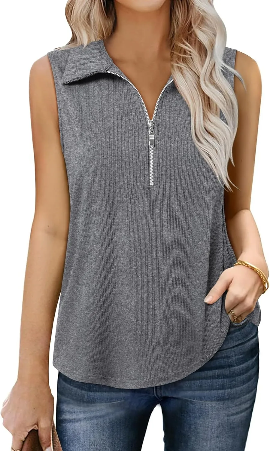 Vivilli Womens Ribbed Tank Top Zipper V Neck Dressy Casual Blouses Sleeveless Camisole Tops Work Tank Polo Shirts