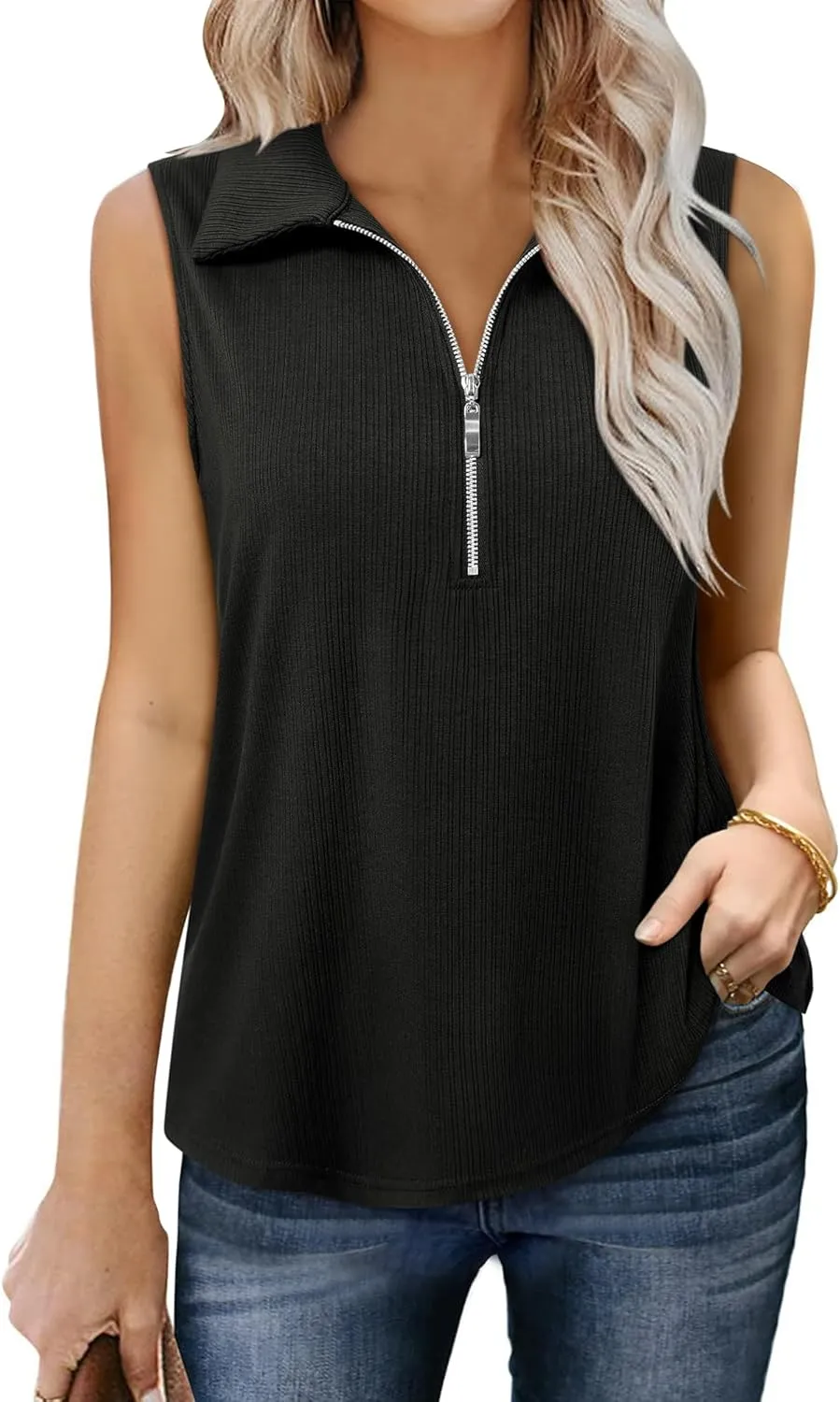 Vivilli Womens Ribbed Tank Top Zipper V Neck Dressy Casual Blouses Sleeveless Camisole Tops Work Tank Polo Shirts