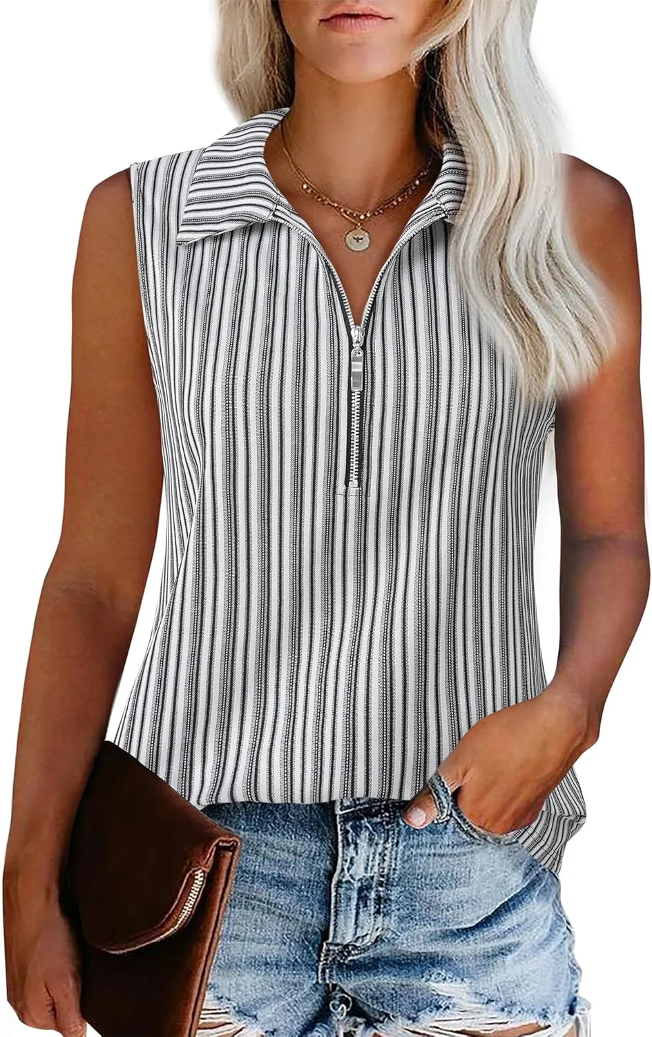 Vivilli Womens Ribbed Tank Top Zipper V Neck Dressy Casual Blouses Sleeveless Camisole Tops Work Tank Polo Shirts