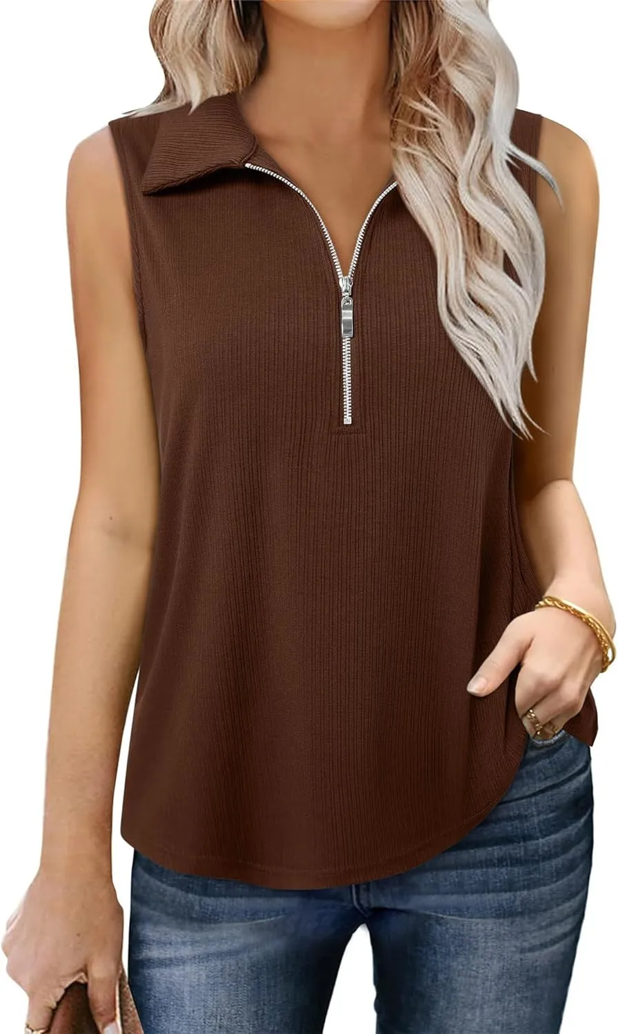 Vivilli Womens Ribbed Tank Top Zipper V Neck Dressy Casual Blouses Sleeveless Camisole Tops Work Tank Polo Shirts