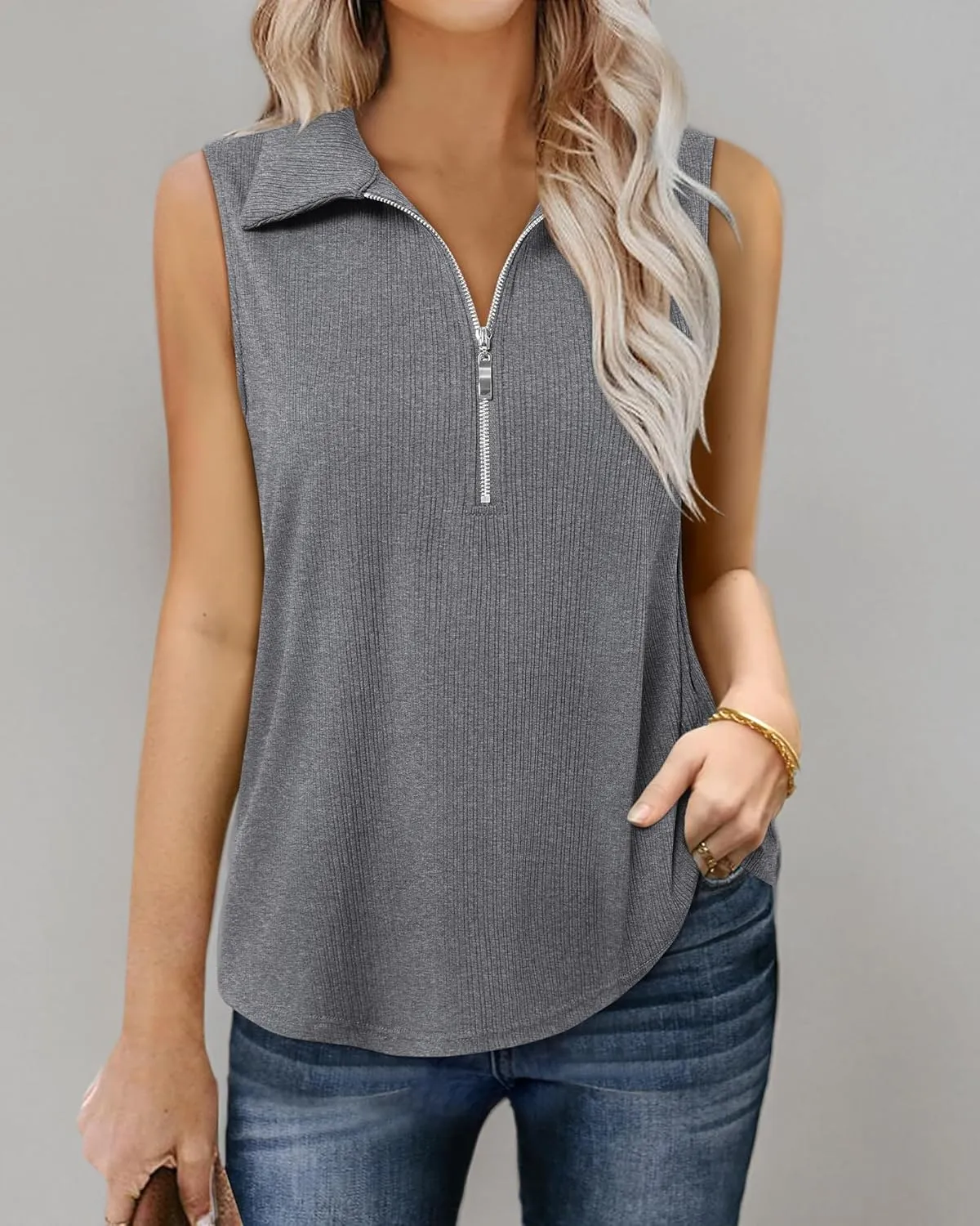 Vivilli Womens Ribbed Tank Top Zipper V Neck Dressy Casual Blouses Sleeveless Camisole Tops Work Tank Polo Shirts