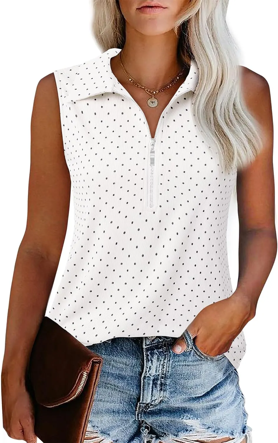 Vivilli Womens Ribbed Tank Top Zipper V Neck Dressy Casual Blouses Sleeveless Camisole Tops Work Tank Polo Shirts