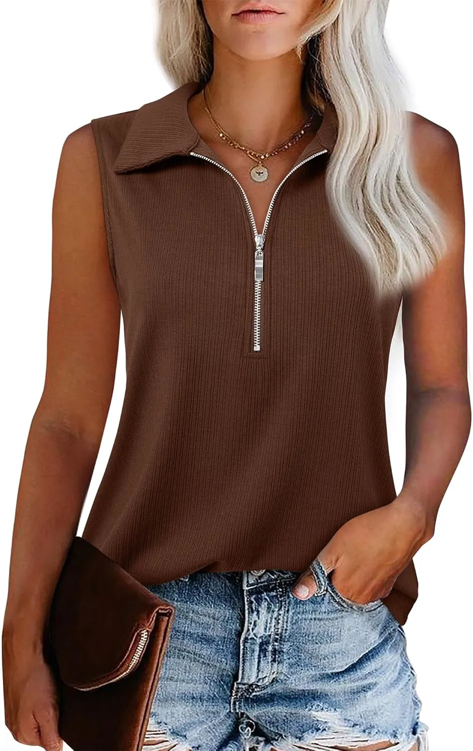 Vivilli Womens Ribbed Tank Top Zipper V Neck Dressy Casual Blouses Sleeveless Camisole Tops Work Tank Polo Shirts