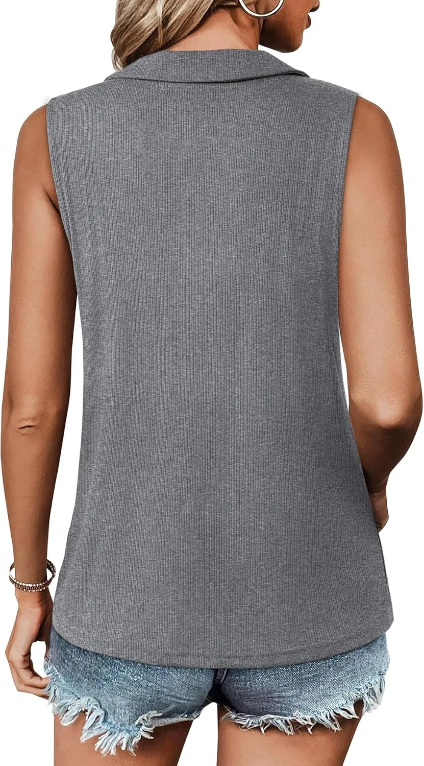 Vivilli Womens Ribbed Tank Top Zipper V Neck Dressy Casual Blouses Sleeveless Camisole Tops Work Tank Polo Shirts